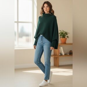 Elegant Wool Forest Green Women's Sweater Poncho